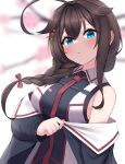  1girl absurdres ahoge black_jacket blue_eyes blush braid breasts brown_hair chest_harness hair_flaps harness highres jacket kantai_collection large_breasts long_hair long_sleeves necktie open_mouth red_necktie shigure_(kancolle) shigure_kai_san_(kancolle) single_braid solo tiemu_(man190) upper_body 