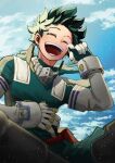  1boy belt belt_pouch blue_sky blurry blurry_foreground blush bodysuit boku_no_hero_academia clouds cloudy_sky curly_hair film_grain floating_clothes floating_hair freckles gloves gradient_sky green_bodysuit green_gloves green_hair hand_on_own_stomach hand_to_own_face hands_up happy light_particles male_focus midoriya_izuku open_mouth pouch raised_eyebrows red_belt round_teeth shinobu_wo short_hair signature sitting sky smile tearing_up tears teeth twitter_username two-tone_gloves upper_body white_gloves wiping_tears 