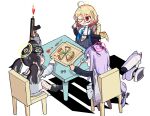  3girls absurdres animal_ears black_hair blonde_hair blue_archive blue_eyes blue_necktie blush_stickers boots chair chibi coat coat_on_shoulders collared_shirt dog_ears fishnets food from_above fur-trimmed_jacket fur_trim goggles goggles_on_head grape130319 gun hair_bobbles hair_ornament hibiki_(blue_archive) highres holding holding_gun holding_weapon hot_sauce jacket kotori_(blue_archive) low_twintails multiple_girls necktie off_shoulder one_eye_closed pizza pizza_slice purple_hair red_eyes semi-rimless_eyewear shadow shirt short_hair sig_sauer_mpx simple_background sitting skirt submachine_gun table twintails under-rim_eyewear utaha_(blue_archive) violet_eyes weapon white_background white_shirt white_skirt wrench 