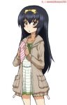 1girl :t bangs black_hair brown_coat brown_eyes casual closed_mouth coat commentary cowboy_shot dress food food_on_face frown girls_und_panzer green_dress hair_ribbon holding holding_food kayabakoro long_hair looking_at_viewer open_clothes open_coat parfait reizei_mako ribbon short_dress simple_background solo standing white_background yellow_ribbon 