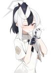  1girl black_hair black_necktie blue_archive demon_horns dress earclip fataaa gloves halo highres horns kayoko_(blue_archive) military multicolored_hair necktie one_eye_closed ponytail red_eyes simple_background solo sweat two-tone_gloves white_background white_dress white_hair 