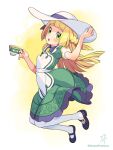  1girl :o apron bangs blonde_hair blunt_bangs blush braid commentary_request cup dress eyelashes from_side green_dress green_eyes hand_on_headwear hat hat_ribbon highres holding holding_cup kinocopro lillie_(pokemon) lillie_(special_costume)_(pokemon) long_hair looking_to_the_side official_alternate_costume open_mouth pantyhose pokemon pokemon_(game) pokemon_masters_ex purple_ribbon ribbon shoes short_sleeves sinistea sun_hat tea twitter_username watermark white_apron white_headwear white_pantyhose 