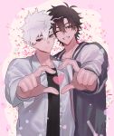  2boys bangs black_hair black_shirt blush cheng_xiaoshi closed_mouth collared_shirt grey_eyes grey_jacket hair_between_eyes heart heart_hands heart_hands_duo highres jacket justjust_monika long_sleeves looking_at_viewer lu_guang male_focus multiple_boys one_eye_closed open_clothes open_jacket open_shirt pink_background shiguang_dailiren shirt short_hair smile upper_body white_hair white_shirt 