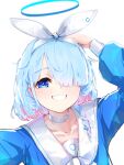 absurdres arms_up arona_(blue_archive) blue_archive blue_eyes blue_hair close-up hair_ribbon halo highres ribbon smile sstthei white_background 