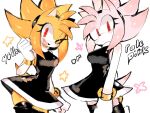  2girls amy_rose armlet black_dress black_eyeliner blonde_hair bracelet commentary dress eyeliner gold_bracelet hedgehog hedgehog_ears hedgehog_tail highres jewelry looking_at_viewer makeup multiple_bracelets multiple_girls one_eye_closed open_mouth pink_hair red_eyes smile sonic_(series) tail usa37107692 white_background 