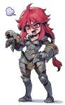  1girl ahoge armor armored_boots blush boots breasts brown_gloves collarbone fangs full_armor full_body gauntlets gloves hair_between_eyes league_of_legends long_hair lower_teeth_only open_mouth phantom_ix_row ponytail red_eyes redhead shoulder_plates shyvana small_breasts solo standing teeth transparent_background 