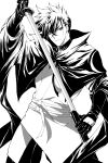  1boy black_cape black_gloves black_hair cape frown gloves greyscale hair_between_eyes highres holding holding_sword holding_weapon japanese_clothes kimono kurima_raizou looking_at_viewer male_focus miosaka0000 monochrome revenger sheath solo standing sword unsheathing weapon 