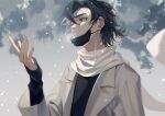  1boy black_eyes black_hair black_mask black_shirt cheng_xiaoshi chinese_commentary chromatic_aberration clouds coat commentary hair_between_eyes hand_up highres layered_sleeves long_sleeves male_focus mask mouth_mask parted_lips scarf shiguang_dailiren shirt short_hair snowing solo upper_body white_coat white_scarf ya_kexi 