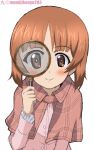  1girl artist_name bangs brown_eyes brown_hair capelet closed_mouth commentary dress frilled_sleeves frills girls_und_panzer holding holding_magnifying_glass kayabakoro leaning_forward long_sleeves looking_at_viewer magnifying_glass nishizumi_miho pink_capelet pink_dress plaid_capelet short_hair simple_background smile solo twitter_username upper_body white_background 