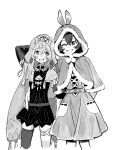  2girls alternate_costume amber_(genshin_impact) arm_behind_head bangs blush capelet collei_(genshin_impact) crossed_bangs dress earrings fur-trimmed_capelet fur_trim genshin_impact greyscale hair_between_eyes highres hood hood_up hooded_capelet jewelry long_hair monochrome multiple_girls one_eye_closed open_mouth pom_pom_(clothes) sabi11riw simple_background single_earring thigh-highs 