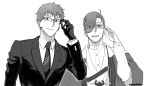 2boys :d adjusting_eyewear ahoge bangs bespectacled collared_shirt dress_shirt fate/grand_order fate_(series) formal glasses gloves greyscale hair_over_one_eye hair_pulled_back haori highres japanese_clothes kimono looking_at_viewer mayuhiko3310 monochrome multiple_boys necktie saitou_hajime_(fate) shirt short_hair simple_background smile suit teeth upper_body upper_teeth_only white_background yamanami_keisuke_(fate) 