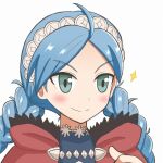  1girl ahoge alternate_hair_color bangs blue_eyes blue_hair blush buttons capelet choker closed_mouth fire_emblem fire_emblem_fates hairband hood hood_down hooded_capelet nina_(fire_emblem) parted_bangs portrait red_capelet red_hood reverse_(bluefencer) smile solo turtleneck white_hairband 
