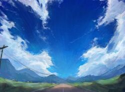  blue_sky clouds cloudy_sky commentary_request day field grass highres mountainous_horizon no_humans original outdoors painting_(medium) power_lines road scenery sky traditional_media utility_pole watercolor_(medium) xian_ovo 