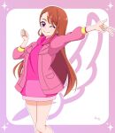  1girl ;) absurdres asymmetrical_bangs bangs brown_hair commentary_request earrings highres hijiri_ageha hirogaru_sky!_precure hood hoodie jacket jacket_over_hoodie jewelry long_hair long_hoodie one_eye_closed pink_hoodie pink_jacket precure ring sakuragawa3710 smile solo v violet_eyes 