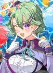  1girl breasts building eiyuu_densetsu gloves green_hair hair_between_eyes happy_birthday highres large_breasts looking_at_viewer musse_egret one_eye_closed portrait sen_no_kiseki short_hair smile solo uniform violet_eyes white_gloves zer00han 