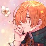  1boy cherry_blossoms closed_mouth clothing_request eyelashes facing_to_the_side flower head_rest japanese_clothes kanan_(olympia_soiree) long_sleeves male_focus nanosuke_(nanonano9) olympia_soiree one_eye_covered orange_eyes orange_hair pink_background short_hair solo 