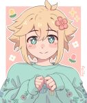  1boy absurdres alternate_costume alternate_eye_color aoiro_arts basil_(omori) blonde_hair blush bright_pupils closed_mouth flower green_eyes green_sweater hair_flower hair_ornament highres long_sleeves looking_at_viewer omori short_hair sleeves_past_wrists smile solo sweater upper_body white_pupils 