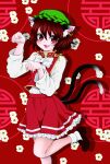  1girl :d animal_ear_fluff animal_ears bangs blush brown_hair cat_ears chen daisy drop_shadow earrings fang floral_background flower foot_out_of_frame hair_between_eyes hands_up jewelry looking_at_viewer nekomata open_mouth paw_pose red_background red_skirt shoes single_earring skirt smile solo standing standing_on_one_leg strawberry-shortcakes touhou white_flower 