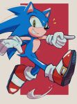  1boy animal_ears animal_nose arms_up artist_name beeames blue_fur commentary furry furry_male gloves green_eyes grey_background hedgehog hedgehog_ears hedgehog_tail highres looking_at_viewer male_focus red_background red_footwear running shoes simple_background smile sneakers socks solo sonic_(series) sonic_the_hedgehog symbol-only_commentary tail teeth white_gloves white_socks 