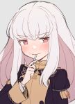  1girl bangs blush buttons do_m_kaeru fire_emblem fire_emblem:_three_houses food food_on_face garreg_mach_monastery_uniform grey_background hair_between_eyes holding holding_spoon long_hair long_sleeves looking_at_viewer lysithea_von_ordelia pink_eyes simple_background solo spoon uniform utensil_in_mouth white_hair 
