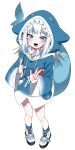  1girl :d absurdres animal_hood blue_eyes blue_hair blue_hoodie blue_socks blush commentary_request double_w drawstring fins fish_tail full_body gawr_gura highres hololive hololive_english hood hood_up hoodie multicolored_hair shark_girl shark_hood shark_tail sharp_teeth shoes simple_background smile socks solo standing streaked_hair tail teeth tosyeo virtual_youtuber w white_background white_footwear white_hair 