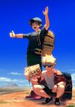  2boys :d alternate_costume annoyed arm_on_knee arm_on_thigh arm_up atmospheric_perspective backpack backpack_removed bag bakugou_katsuki bangs baseball_cap black_shirt black_shorts blonde_hair bloom blue_sky boku_no_hero_academia breast_pocket character_name clouds collarbone collared_shirt commentary day desert eyes_visible_through_eyewear freckles full_body grass green_eyes green_hair green_shorts grey_headwear hand_up hat hawaiian_shirt highres hill hitchhiking holding holding_sign horizon jewelry leaf_print letheyori light looking_afar male_focus midoriya_izuku multiple_boys off-shoulder_shirt off_shoulder open_clothes open_hand open_mouth open_shirt outdoors parted_lips pendant pineapple_print pocket red_eyes red_footwear road road_sign round_teeth sanpaku scar scar_on_arm scar_on_hand scowl shade shadow shirt shoes short_hair shorts sideways_glance sign single_bare_shoulder sky sleeveless smile snap-fit_buckle sneakers spiky_hair spoilers squatting standing sunglasses sunlight t-shirt tank_top teeth texas thumbs_up twitter_username undershirt upper_teeth_only v-shaped_eyebrows watch watch white_tank_top yellow_bag 