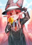  1girl :q black_gloves blurry blurry_background candy fate/grand_order fate_(series) food formal gloves habetrot_(fate) hat highres kenne_28 licking_lips lollipop long_hair orange_eyes petite pink_hair red_tie shirt solo suit tongue tongue_out upper_body white_shirt 