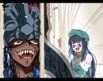  1boy 1girl beret black_eyes black_hair blue_hair braid camazotz_(fate) crazy_eyes emphasis_lines evil_smile fate/grand_order fate_(series) green_headwear hat headdress here&#039;s_johnny!_(meme) long_hair meme multicolored_hair nick_(pix425) open_mouth parody red_eyes scared scythe sharp_teeth smile sunglasses tattoo teeth tenochtitlan_(fate) the_shining two-tone_hair wide-eyed 