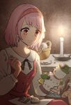  1girl basket candle fire_emblem fire_emblem_engage hairband hanabana_cho hat highres lapis_(fire_emblem) needle pink_eyes pink_hair sewing sewing_needle snowman yarn yarn_ball 