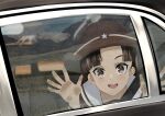  1boy 1girl :d aged_down bangs brown_eyes brown_hair car car_interior commentary_request father_and_daughter girls_und_panzer hand_on_glass hat highres motor_vehicle necktie nishi_kinuyo nmz_zmn smile 