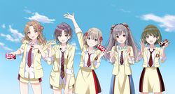  5girls ahoge aqua_eyes aqua_hair asakura_toru blazer blue_eyes bob_cut brown_eyes brown_hair candy chocolate chocolate_bar crop_top dars diagonal-striped_necktie earrings food food-themed_earrings gradient_hair green_eyes green_hair grey_hair hair_bun hair_ribbon highres ichikawa_hinana idolmaster idolmaster_shiny_colors jacket jewelry long_hair long_sleeves looking_at_viewer miniskirt multicolored_hair multiple_girls nanakusa_nichika official_art ribbon serizawa_asahi shirt short_hair shorts single_side_bun skirt twintails two-tone_hair white_shirt yukoku_kiriko 