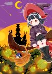 1girl :&lt; absurdres alternate_costume animal_on_lap bangs bare_tree basket black_footwear black_hair boots broom broom_riding buttons cape castle cat coat commentary_request crescent_moon glowing gyari_(bird) halloween hat high_collar highres jitome jitomi_monoe magnet matsuta6 moon night on_lap petting purple_coat purple_sky red_eyes red_nails shooting_star sleeves_past_wrists solo tree virtual_youtuber voms witch_hat 