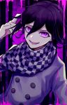  1boy blood blood_splatter checkered_clothes checkered_scarf danganronpa_(series) danganronpa_v3:_killing_harmony hair_between_eyes looking_at_viewer lower_teeth_only male_focus multicolored_buttons open_mouth ouma_kokichi pink_blood purple_hair raised_eyebrow scarf short_hair smile solo teeth violet_eyes wavy_hair yaguranomon 