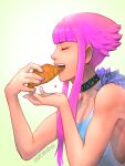  1girl black_choker breasts choker closed_eyes commentary croissant eating english_commentary fingernails food holding holding_food large_breasts manon_(street_fighter) no_bra pink_hair purple_nails quasimodox short_hair_with_long_locks sideboob sleeveless solo street_fighter street_fighter_6 tank_top white_tank_top 