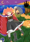  1girl :d absurdres alternate_costume arm_up belt black_dress blonde_hair boots bright_pupils cape castle cat cliff cloak commentary_request crescent_moon dress fangs fishnet_pantyhose fishnets frilled_dress frills grass grey_pantyhose gyari_(bird) halloween hand_up highres hikasa_tomoshika holding holding_lantern horizon jack-o&#039;-lantern lantern looking_down matsuta6 moon multicolored_hair night ocean open_mouth pantyhose purple_sky redhead smile twintails two-tone_hair virtual_youtuber voms white_pupils yellow_eyes 