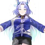  1girl :d animal_ears black_shorts blue_hair blue_jacket cowboy_shot ear_covers godolphin_barb_(umamusume) green_eyes highres horse_ears horse_girl jacket long_sleeves looking_at_viewer mengo_(captainmeteor6) outstretched_arms shorts simple_background smile solo track_jacket umamusume white_background 