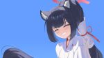  1girl absurdres animal_ear_fluff animal_ears black_hair blue_archive blue_background blush cat_ears facing_viewer grin halo highres japanese_clothes kimono korean_commentary long_hair miko ponytail serika_(blue_archive) serika_(new_year)_(blue_archive) simple_background smile solo tomid upper_body white_kimono 