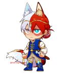  1boy alternate_hairstyle animal_ears blue_eyes blue_footwear blue_shirt boku_no_hero_academia boots braid brown_eyes burn_scar chibi closed_mouth commentary english_commentary fox_boy fox_ears fox_tail full_body heterochromia highres holding holding_sword holding_weapon kemonomimi_mode long_sleeves male_focus multicolored_hair official_alternate_costume pants redhead scar scar_on_face shirt short_hair simple_background solo split-color_hair standing sword tail thatmightyheart todoroki_shouto two-tone_hair weapon white_background white_hair 
