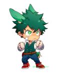  1boy animal_ears belt blue_pants boku_no_hero_academia brown_belt chibi clenched_hands closed_mouth commentary english_commentary freckles full_body gloves green_eyes green_hair green_vest highres kemonomimi_mode male_focus midoriya_izuku official_alternate_costume pants rabbit_boy rabbit_ears rabbit_tail red_footwear shoes short_hair simple_background solo standing tail thatmightyheart vest white_background white_gloves 