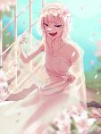  1girl absurdres accelerator_(toaru_majutsu_no_index) albino ambiguous_gender androgynous arm_at_side bangs bare_shoulders blue_sky blurry blurry_background bouquet bridal_veil cherrhara cowboy_shot dress elbow_gloves evil_smile falling_petals flat_chest flower from_side gloves gun hair_flower hair_ornament hairband half-closed_eyes hand_up handgun heart heart_necklace highres indoors jewelry lace-trimmed_hairband lace_trim lily_(flower) looking_at_viewer messy_hair nature necklace open_mouth open_window pale_skin petals red_eyes sanpaku short_hair signature silver_jewelry sitting sky sleeveless sleeveless_dress smile solo suzushina_yuriko toaru_majutsu_no_index veil weapon wedding_dress white_dress white_gloves white_hair white_hairband window windowsill 