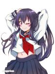  1girl akatsuki_(kancolle) akichin_(atelier_baguri) arm_behind_head arms_up blue_skirt hair_between_eyes kantai_collection long_hair long_sleeves navel necktie one_eye_closed pleated_skirt purple_hair red_necktie school_uniform serafuku shirt skirt smile solo violet_eyes white_shirt 