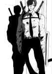  1boy black_hair blood blood_on_clothes blood_on_face chainsaw_man chest_belt collared_shirt greyscale highres katana_man_(chainsaw_man) kishibe_(chainsaw_man) kishibe_(young)_(chainsaw_man) looking_at_viewer mikiouji1 monochrome necktie shadow shirt shirt_tucked_in short_hair solo stitched_mouth stitches weapon weapon_on_back 