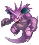 brown_eyes claws colored_skin fangs full_body horns jumping large_ears nidoking no_humans open_mouth pokemon pokemon_(creature) purple_skin sharp_teeth single_horn spikes tail teeth tesshii_(riza4828) tongue v-shaped_eyebrows white_background 