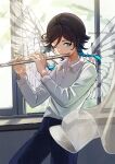  1boy alternate_costume amaguri_ya aqua_eyes black_hair blue_pants braid curtains flute genshin_impact gradient_hair highres instrument long_sleeves male_focus multicolored_hair one_eye_closed pants playing_flute shirt solo venti_(genshin_impact) white_shirt window wings 