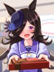 absurdres animal_ears black_hair blurry blurry_background blush commentary_request gift giving hair_over_one_eye hat highres horse_ears horse_girl horse_tail kurage-jellyfish open_mouth pov ribbon rice_shower_(umamusume) school_uniform tail tracen_school_uniform umamusume valentine violet_eyes 