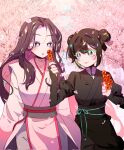  2girls brown_hair cherry_blossoms closed_mouth commentary_request day double_bun food hair_bun highres holding holding_food hwangdo157 korean_commentary long_hair looking_at_another multiple_girls outdoors return_of_the_mount_hua_sect short_hair smile star-shaped_pupils star_(symbol) symbol-shaped_pupils tang_soso_(return_of_the_mount_hua_sect) tree yu_iseol_(return_of_the_mount_hua_sect) 
