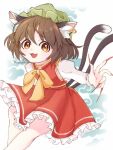  1020suna 1girl animal_ears brown_eyes brown_hair cat_ears cat_girl cat_tail chen earrings fang green_headwear highres jewelry looking_at_viewer multiple_tails red_nails red_skirt ribbon short_hair skirt smile solo tail touhou two_tails yellow_ribbon 