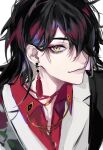  1boy absurdres ancoo_mm black_hair choker closed_mouth collared_shirt earrings eyeshadow floral_print formal hair_over_one_eye highres japanese_clothes jewelry kimono long_hair looking_at_viewer makeup male_focus multicolored_hair nijisanji nijisanji_en red_choker red_eyeshadow red_shirt redhead shirt simple_background smile solo streaked_hair suit tassel tassel_earrings upper_body virtual_youtuber vox_akuma white_background white_suit yellow_eyes 
