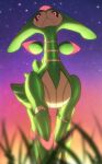  :&lt; blurry blurry_foreground closed_mouth commentary_request from_below grass highres iron_leaves looking_down monaka_(hc_pkmn) no_humans outdoors pokemon pokemon_(creature) sky solo standing 
