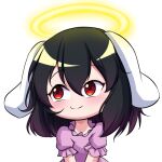  1girl alpha_transparency black_hair bmkro chibi commentary_request dress gradient_hair hair_between_eyes halo inaba_tewi lowres multicolored_hair pink_dress puffy_short_sleeves puffy_sleeves purple_hair red_eyes short_sleeves smile solo spanish_commentary touhou transparent_background upper_body 